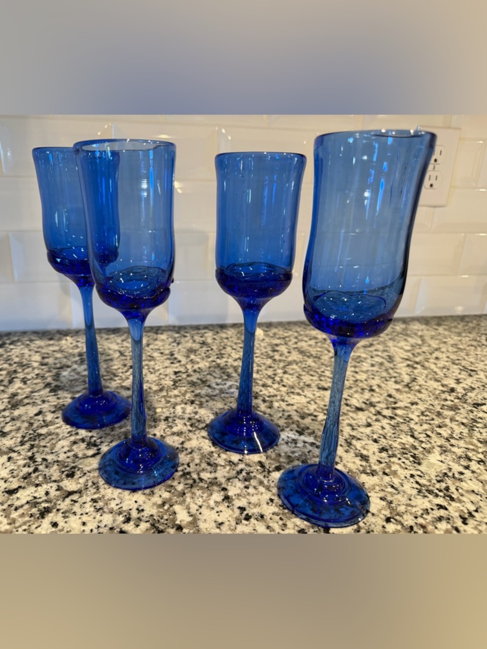 Hand blown signed studio Blue Stemmed Wine Glasses